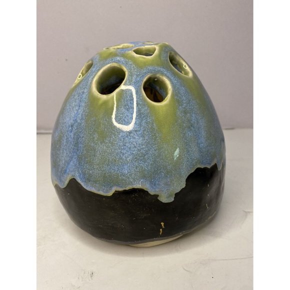 Handmade Art Pottery Drip Glaze Flower Frog Bud Vase Artist Signed Primitive - Picture 6 of 10